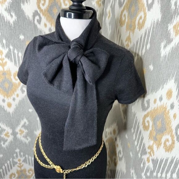 Ralph Lauren ~ Charcoal Cashmere Silk Bow Neck Pinpoint Knit Jersey Sheath Dress - Picture 1 of 16